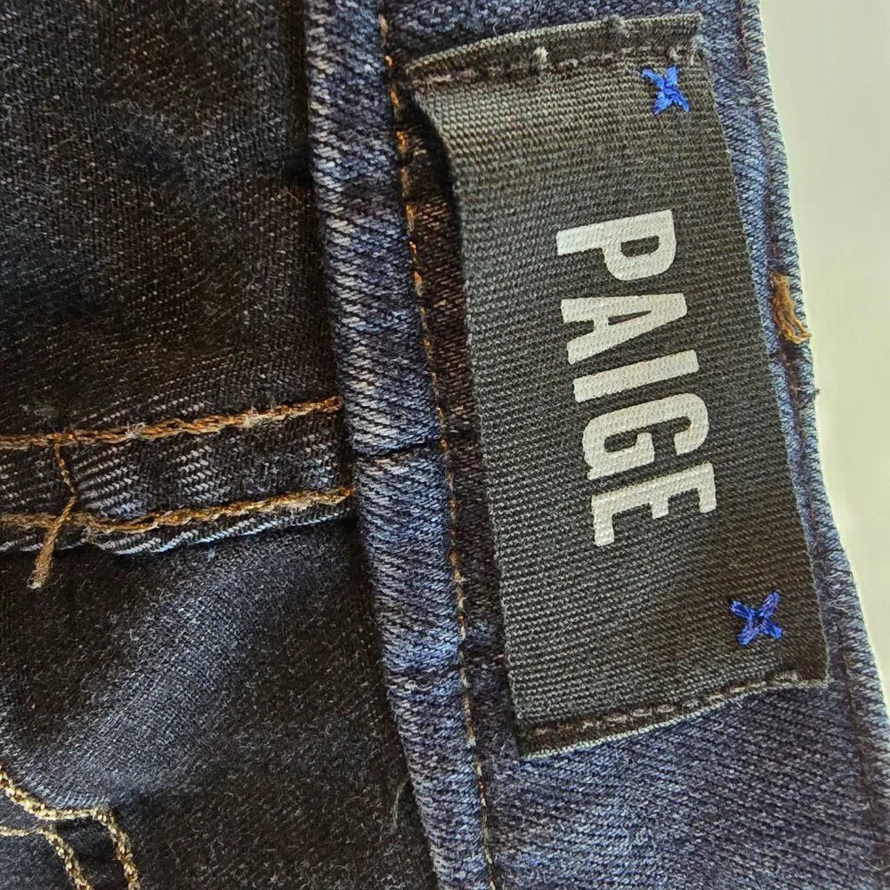 Paige Jeans Mens 34x27 Blue Denim Federal Slim Straight Dark Wash Stretch Damage